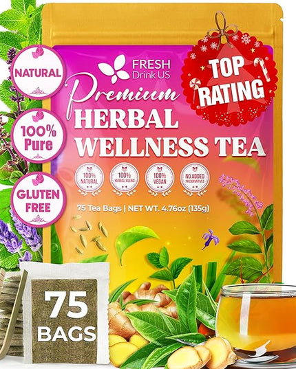 FreshDrinkUS, Premium Herbal Wellness Tea Bags | 75 Count | Blend of Sencha, Ginger, Fennel, Dandelion, Tulsi, Turmeric, Peppermint, Lavender, Lemongrass & Stevia – Herbal Tea. Vegan