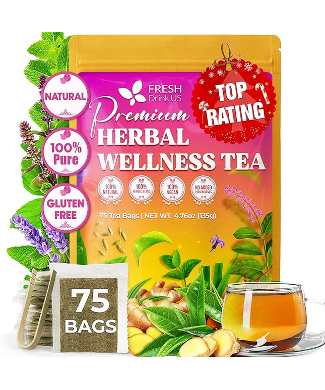 FreshDrinkUS, Premium Herbal Wellness Tea Bags | 75 Count | Blend of Sencha, Ginger, Fennel, Dandelion, Tulsi, Turmeric, Peppermint, Lavender, Lemongrass & Stevia – Herbal Tea. Vegan