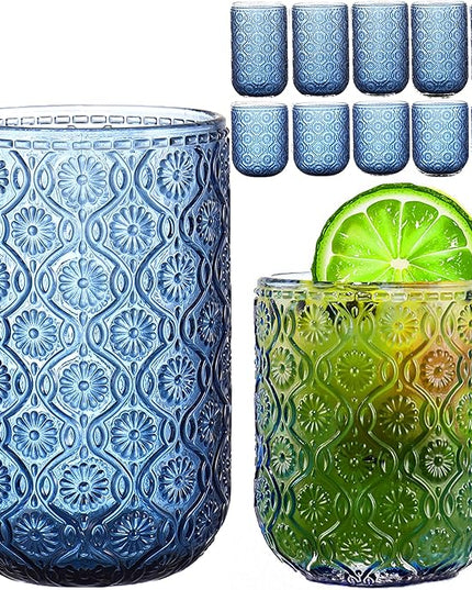 Blue Drinking Glasses Set of 12, 12 Oz Highball & 10 Oz Cocktail Glasses, Blue Kitchen Vintage Glassware Set, Floral Embossed Glass Tumbler Cups for Water, Beer, Juice, Whiskey, Coffee