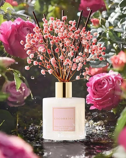 COCORRÍNA Reed Diffuser - Himalayan Salt & Rosewater 6.7 Fl.oz Reed Diffuser Set with Sticks & Preserved Baby's Breath, Reed Diffuser for Home Bathroom Shelf Decor