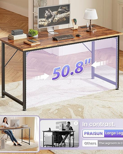 PRAISUN 54 X 20 Inch Office Computer Desk with Power Outlets and USB-C Port, Larger and Longer Gaming Desk, for Home Office, Study, Bedroom, Writing Work from Home Table, Metal Frame, Rustic Brown