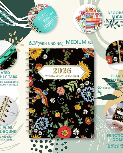 Ymumuda 2026 Planner, Daily Weekly and Monthly Planner，Jan 2026 - Dec 2026, 8.4" x 6.3", 2026 Calendar Planner Book with Tabs, Spiral Notebook with Inner Pocket for Office Home School Supplies