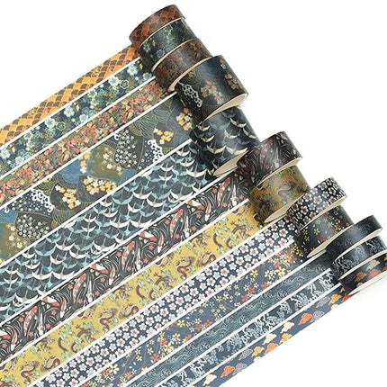 Songdao 12 Rolls Kyoto Charm Washi Tape Set Japanese Arts Adhesive Tapes Geometric Garden Decorative Masking Tape Sets for Craft, Kids, Scrapbook, DIY, Gift Wrapping (Cerulean Showa)