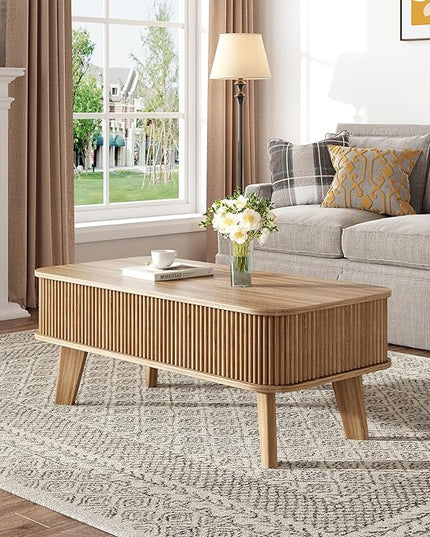 LCVTND Fluted Lift Top Coffee Table with Storage, Modern Wood Coffee Table Retro Center Table with Hidden Lifting Table Top Compartment for Living Room, Home, Office, Natural