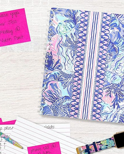 Lilly Pulitzer Large Pink/Blue Hardcover Spiral Notebook, 11" x 9.5" with 160 College Ruled Pages, Shade Seeker