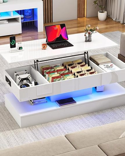 47.2" Large Lift Top Coffee Table,Modern High Glossy LED Coffee Tables for Living Room with Storage Drawer,White Living Room Tables for Livingroom,Dining Room,Bedroom Home Office(White)