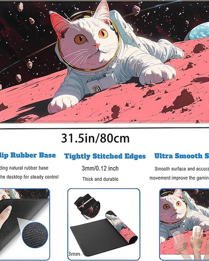 Cat Desk Mat Full Desk Mouse Pad Gaming Mat XXL, Fun Desktop Mats Computer Keyboard Pad Extra Large Mouse Mat, Laptop Mat with Stitched Edges, Office & Home Decor for Women 31.5" x 15.7"