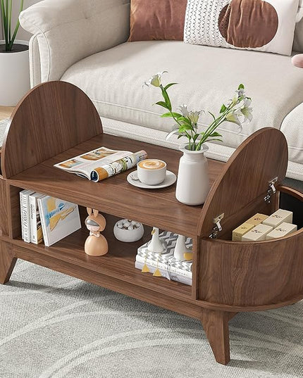 Coffee Table with Storage,Mid Century Modern Coffee Tables with 2 Flip-Top Hidden Lids,Fluted Coffee Table,Wood Center Tables for Living Room Home Office (Walnut Color)
