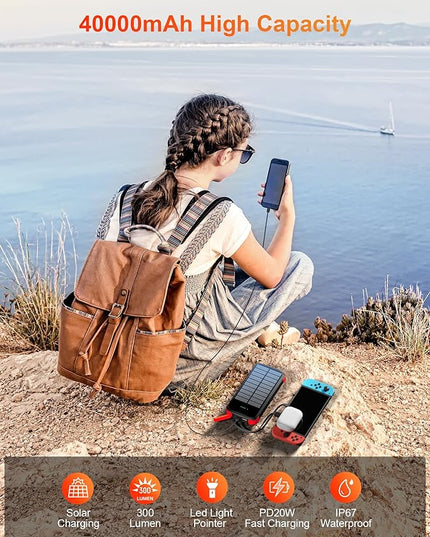 Solar Charger Power Bank, PD 20W Fast Charging External Batter, 40000mAh Portable Phone Charger Built in 4 Cables with Dual Bright Flashlights for Camping, Hiking, and Outdoor Use（RED）