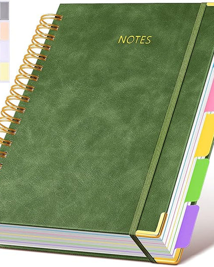 Hardcover Spiral Notebook journal with Removable Dividers Tabs, 300 Pages Leather 5 Subject Notebook College Ruled, 8"x10" Large B5 Notebooks for Work School Note taking, Lined Journal for Women,Green