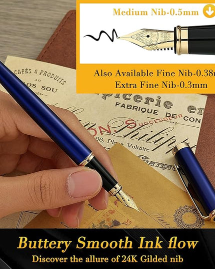 BEILUNER Blue Fountain Pen,Stunning Luxury Pens with 24K Gold Finish, Gorgeous 24K Gilded Nib(Medium), Fancy Pen Gift for Men&Women -Ink Converter-Elegant, Reliable,Nice Pen for Writing