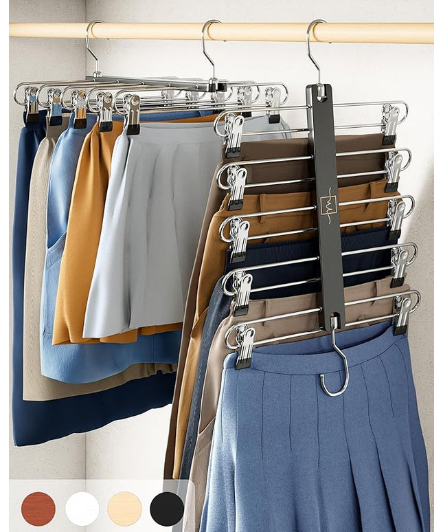 MORALVE Skirt Hangers Space Saving with Clips - 2 Pack - European Beechwood 5-Tier Hanger for Shorts, Skirts, and Pants - Closet Organizer and Storage Solution for Women with 360° Swivel Hook