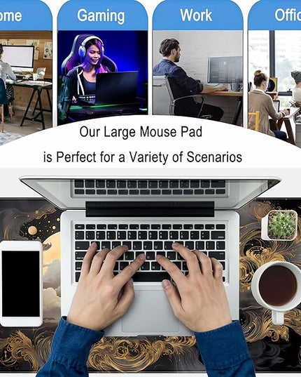 Golden Moon Desk Pad Black Desk Mat XXL Mouse Gaming Pads, Starry Sky Keyboard Pads Extra Large Desktop Computer Mats with Non-Slip Base & Stitched Edges, Vintage Office Decor 31.5" x 15.7"
