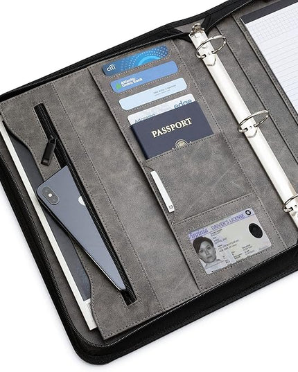 Forevermore Portfolios Portfolio Organizer - 1.5" 3 Ring Binder with Notepad - Zippered Storage Pouch for Papers, Travel Documents, Presentation Folder with Pockets for Card, Passport, Tickets - Gray