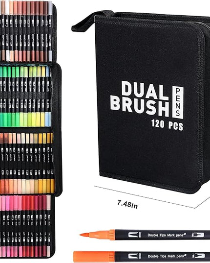 Dual Brush Markers Pens, 120 Colors Dual Tip(Fineliner & Brush) Art Markers, Artist Coloring Marker Set for Adult Coloring Books No Bleeding