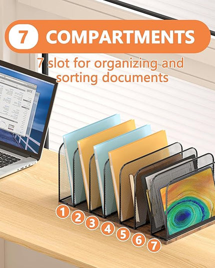 Piskyet Vertical File Organizer, 7-Section Vertical File Folder Holder Stand,Metal Mail Paper Chromebook Organizer for Teacher Desk Office Classroom Desktop Organization