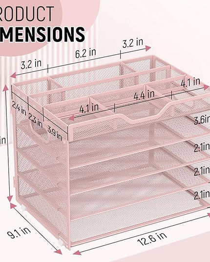 Docnest 5 Tier Mesh Desk Organizer- Letter Tray with Adjustable Compartments, Mesh Desktop Storage Built in Pen Holder and Handles, Desk Organizer Tray for Mail Documents Office Supplies–Pink