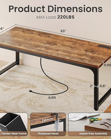 Huuger 63 x 24 inch Desk with Power Outlets & USB-C, Deeper & Thicker Desktop, Robust Metal Tubes, Computer Desk, Heavy Duty Office Desk, Work Gaming Desk, for Home Office, Rustic Brown