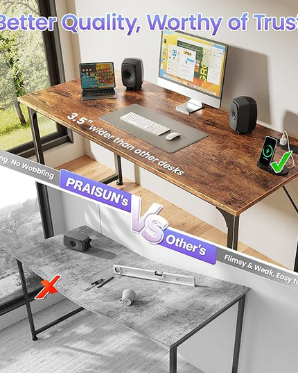 PRAISUN 54 X 20 Inch Office Computer Desk with Power Outlets and USB-C Port, Larger and Longer Gaming Desk, for Home Office, Study, Bedroom, Writing Work from Home Table, Metal Frame, Rustic Brown