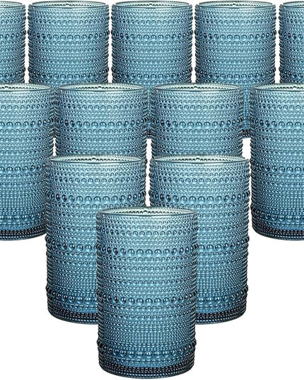 Vintage Hobnail Drinking Glasses Set of 12, 15oz Textured Tumblers - Embossed Blue Bar Glasses for Cocktails, Beer, Whiskey, Dishwasher-Safe Highball Cups for Kitchen, Juice & Mixed Drinks