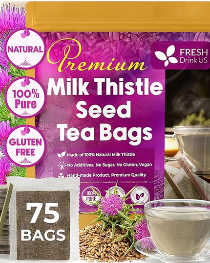FreshDrinkUS, Premium 75 Milk Thistle Tea Bags, 100% Natural & Pure from Milk Thistle Seeds. Milk Thistle Seed Herbal Tea. Made with Natural Material Tea Bags. No Sugar, No Caffeine, No Gluten, Vegan.