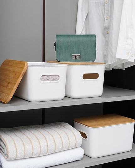 Citylife 4 PCS Storage Bins with Bamboo Lids Plastic Storage Containers for Organizing Stackable Storage Box with Handle, 10.23 x 7.08 x 6.3 inch
