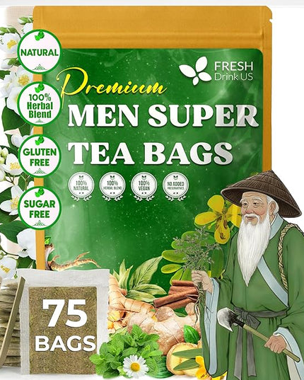 FreshDrinkUS, Premium 75 Tea Bags Men Super Tea – Herbal Blend with Senna, Dandelion Root, Ginger, Peppermint & More – 100% Natural, Sugar-Free. Caffeine-Free. Gluten-Free. Vegan