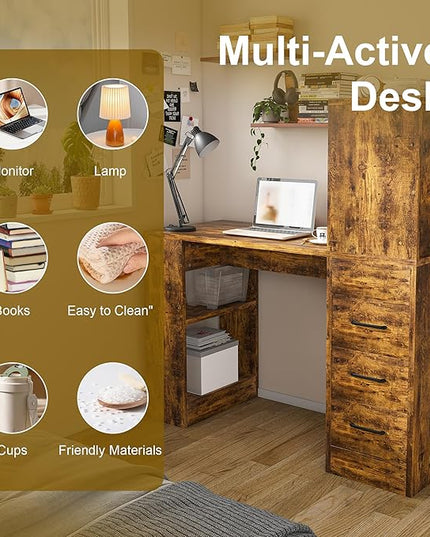 KEIKI Computer Desk with Hutch and 3 Drawers, 4-Tier Storage Shelves, Office Desk with Storage and Integrated 4-in-1 Charging Station, Brown