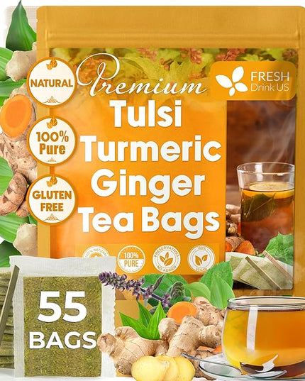 FreshDrinkUS, Premium 55 Tulsi Turmeric Ginger Tea Bags, 100% Natural & Pure from Tulsi Holy Basil Leaves, Turmeric and Ginger. Made with Natural Material Tea Bags. No Sugar, No Caffeine, Vegan.