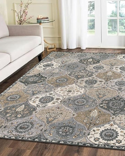 Lahome Moroccan Trellis Washable Area Rug, 5x7 Rugs for Living Room Indoor Non-Slip, Large Oriental Accent Throw Carpet for Bedroom Entryway Bathroom Office, Grey