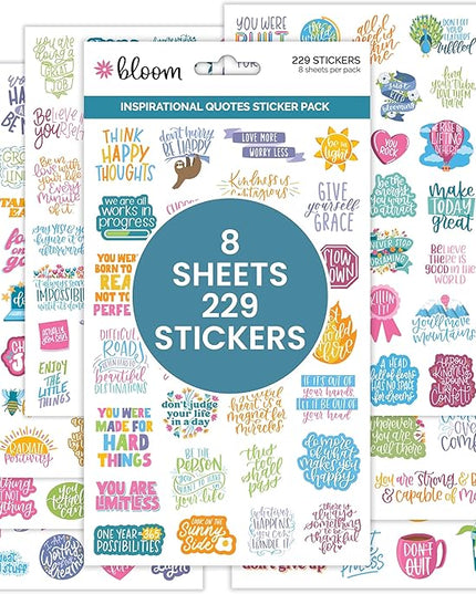 bloom daily planners Inspirational & Motivational Quotes Planner Stickers (8 Sheets / 200+ Stickers) - Hand-Lettered Positive Cute Aesthetic Quotes for Decorating Organizers, Scrapbooks, Laptops, etc.