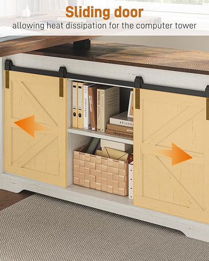 63" Farmhouse Electric Standing Desk Adjustable Height Sit Stand Corner Stand Desks, L Shaped Standing Computer Desk with Power Outlets & Storage Drawers & Sliding Door for Home Office, White