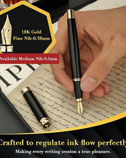 MCNTEIK 317 Fountain Pen,Stunning Luxury Black Piano Lacquer,18K Gilded Nib(Fine),Gorgeous 24K Gold Finish, Ink Converter,Fancy Gift for Men&Women-Elegant,Executive,Office,Nice Pens for Writing