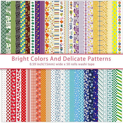 emmoolife 50 Rolls Washi Tape Set, 15mm Wide Rainbow Colored Tape Aesthetic Design Masking Decorative Tape for Scrapbooking Supplies, Bullet Journaling, Junk Journal, Wrapping Planners, DIY Arts Craft
