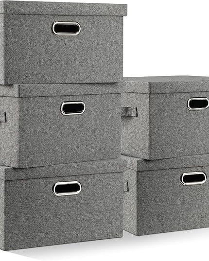 Medium 15" 21 Quart Collapsible Stackable Storage Bins with Lids, 5 Packs Grey Foldable Fabric Closet Boxes Heavy-duty Linen Cube Baskets Container for Bedroom Office (15 x 11 x 8)