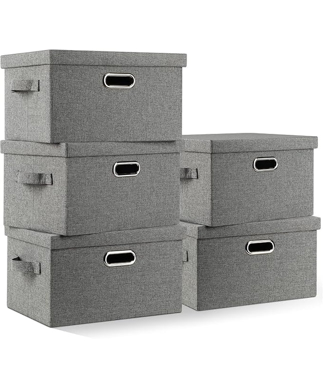 Medium 15" 21 Quart Collapsible Stackable Storage Bins with Lids, 5 Packs Grey Foldable Fabric Closet Boxes Heavy-duty Linen Cube Baskets Container for Bedroom Office (15 x 11 x 8)
