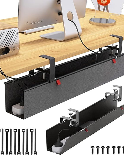 Under Desk Cable Management Tray - Under Desk Cord Management - Clamp/Screw Mount - Fabric Wire Management - Cable Raceways Tray Cord Hiders for Office/Home (Black, 35.8"×5.6")