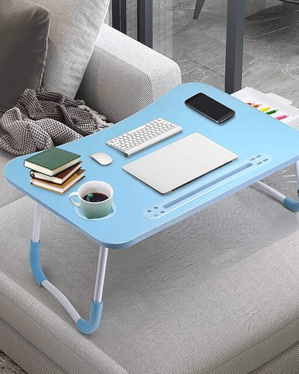 Slendor Lap Desk with Tablet Slot, Foldable Laptop Table with Storage Drawer for Bed，Portable Bed Desk for Laptop, Computer Tray with Cup Holder Notebook Stand Reading Holder for Couch Floor, Blue