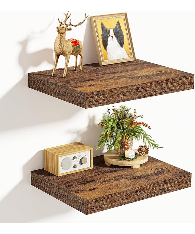 Vivelove 10 Inch Deep Floating Shelves 10 inch Long, 10 x 10 Wide Wall Shelves with Invisible Brackets, for Bedroom Bathroom Living Room Kitchen Office, Farmhouse Home Decor, Set of 2, Rustic Brown