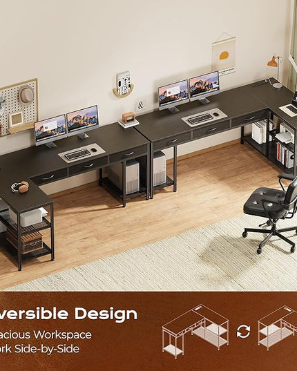 PRAISUN 63 Inch L Shaped Office Desk with Power Outlets and Type-C Port, Large Computer Gaming Desk with 3 Fabric Drawers, Mesh Shelves, Corner Study Work Writing Desk, Black
