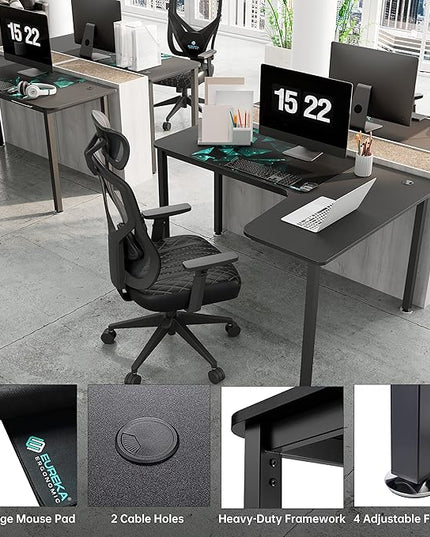 EUREKA ERGONOMIC 60 Inch Black Corner L Shaped Computer Desk, Home Office Gaming Study Work Writing Table Long Large Sturdy Workstation Simple Modern with Metal Legs, Right Side