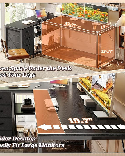 PRAISUN 61" L Shaped Desk with Power Outlets and USB-C Port, Reversible Computer Corner Office Desk with 4 Fabric Drawers and 2 Height-Adjustable Shelves, Large for Gaming Writing Work Study，Black