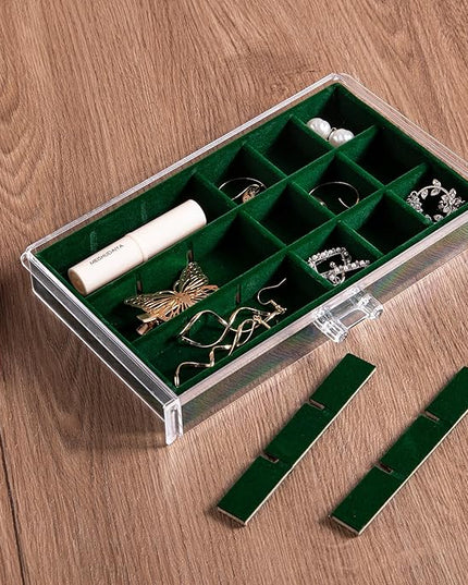 Frebeauty Acrylic Jewelry Organizer Earring Organizer Box with 5 Drawers Earring Holder Organizer with Velvet Trays Clear Jewelry Box for Women Earring Display for Rings Studs(Blackish Green)