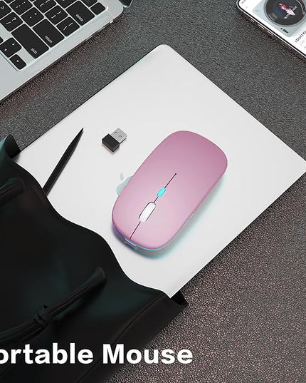Wireless Bluetooth Mouse Rechargeable Laptop Mice with LED Use Portable(BT5.2 and USB 2.4G) Dual Mode Connection Silent Slim Computer Mouse for Laptop/iPad Tablet/Apple MacBook/PC (Rose Gold)