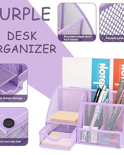 Purple Office Desk Accessories Supplies, 12pcs Desk Organizers and Accessories with Tape dispenser and Stapler,Staples,Staple Remover,Pen Holder,Scissor,Ruler,Sticky Tabs,Tape,Ballpoint Pen,Clips Set
