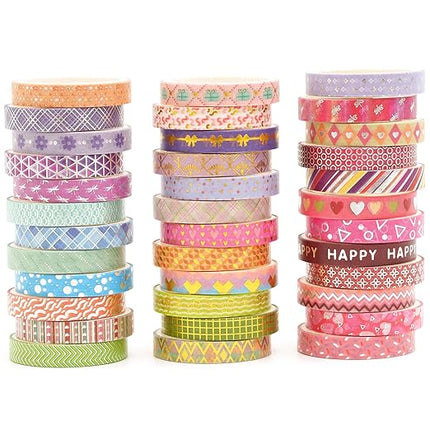Songdao 36 Rolls Skinny Washi Tape Set Gold Foil Detailing Arts Adhesive Tapes Basic Patterns Decorative Masking Tape Sets for Craft, Kids, Scrapbook, DIY, Gift Wrapping (Kawaii)
