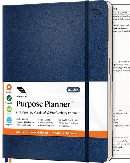Roterunner Purpose Planner Notebook B5 7.5”x9.8” Undated Planner 2025 Daily Weekly and Monthly Productivity Goal Setting Tool for Work Home