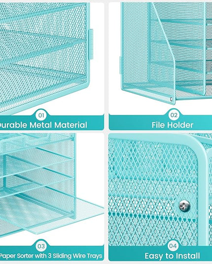 Lavatino 5-Tier Metal Mesh Desk Organizer with File Holder & 7 Customizable Compartments | Paper Letter Tray for Office or Home Desk Storage | Keep Workspace Supplies Neat & Organized, Blue