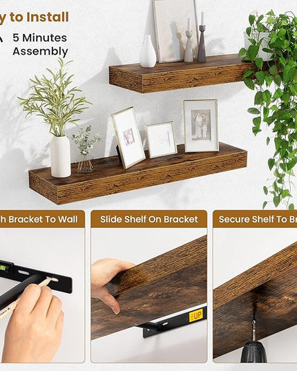 Fun Memories Floating Shelves Set of 2, 24 Inch Floating Shelves for Wall, Wood Wall Shelves with Invisible Brackets, for Bathroom, Bedroom, Living Room, Kitchen, Rustic Brown