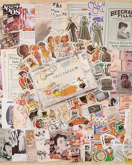 Knaid Vintage Scrapbook Supplies Pack (200 Pieces) for Junk Journal Bullet Journals Planners Aesthetic Paper Stickers Craft Kits Cottagecore Collage Album (Retro)